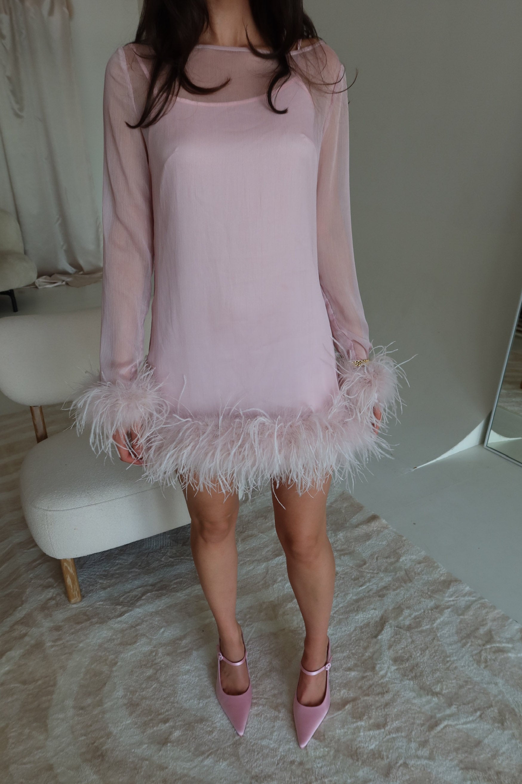 Harlow Sheer Feather Mini Dress - Pale Lilac - Pale Lilac DRESS Bubish Luxe