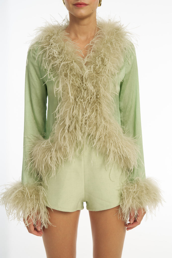 Gigi Sheer Feather Blouse - Pistachio TOP Bubish Luxe