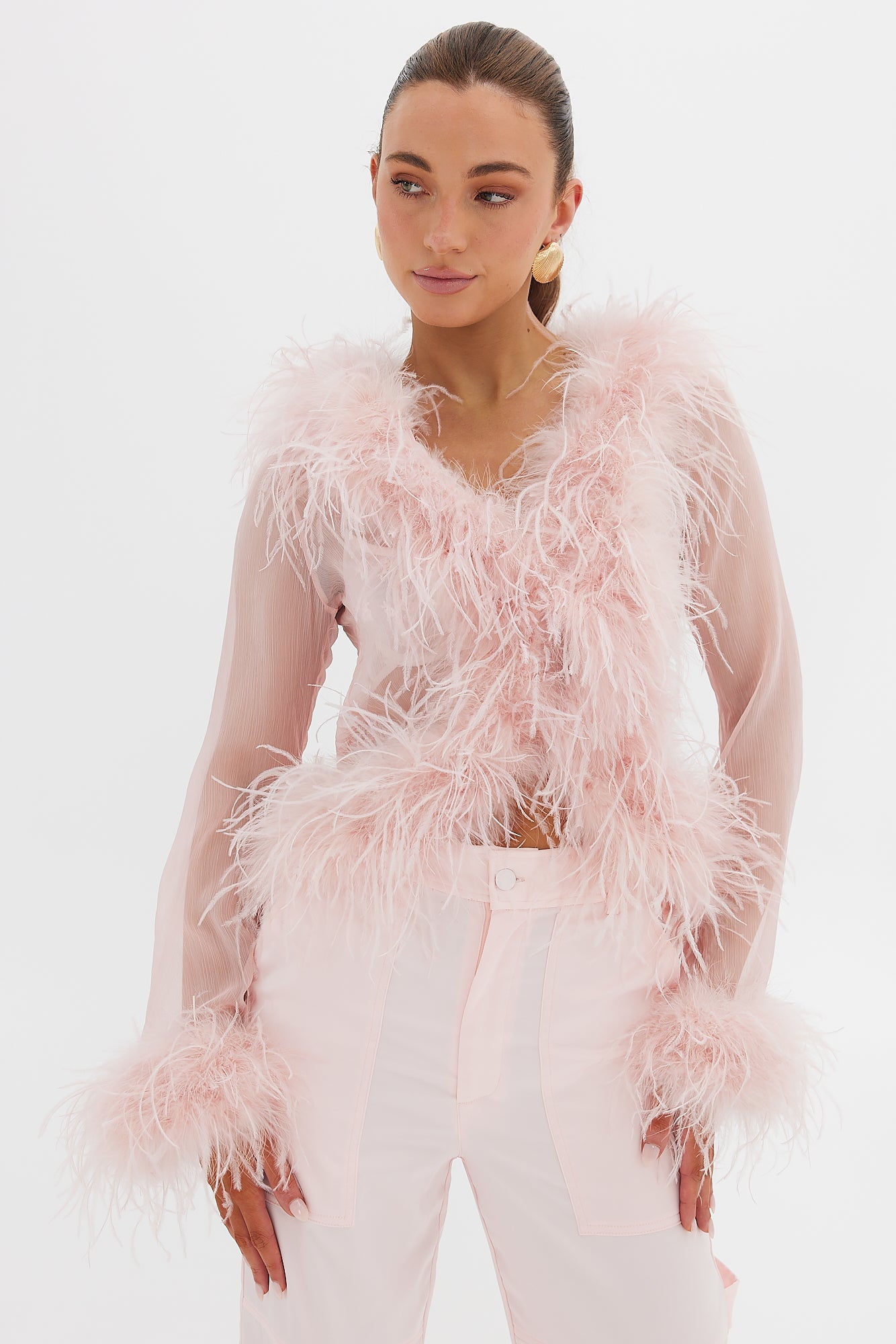 Gigi Sheer Feather Blouse - Blush Bubish 