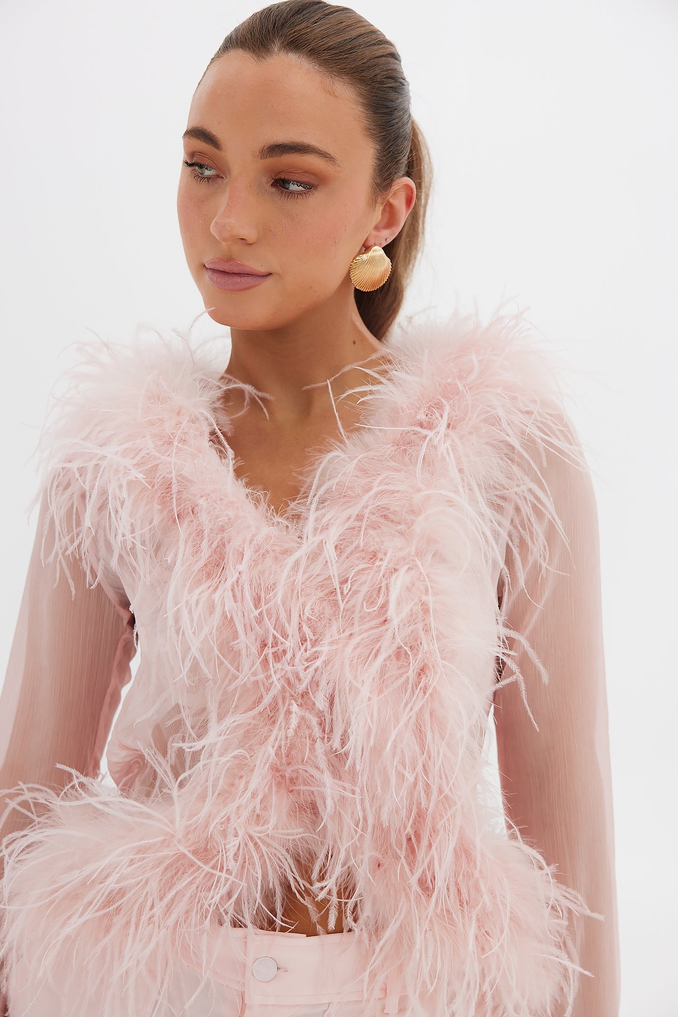 Gigi Sheer Feather Blouse - Blush Bubish 