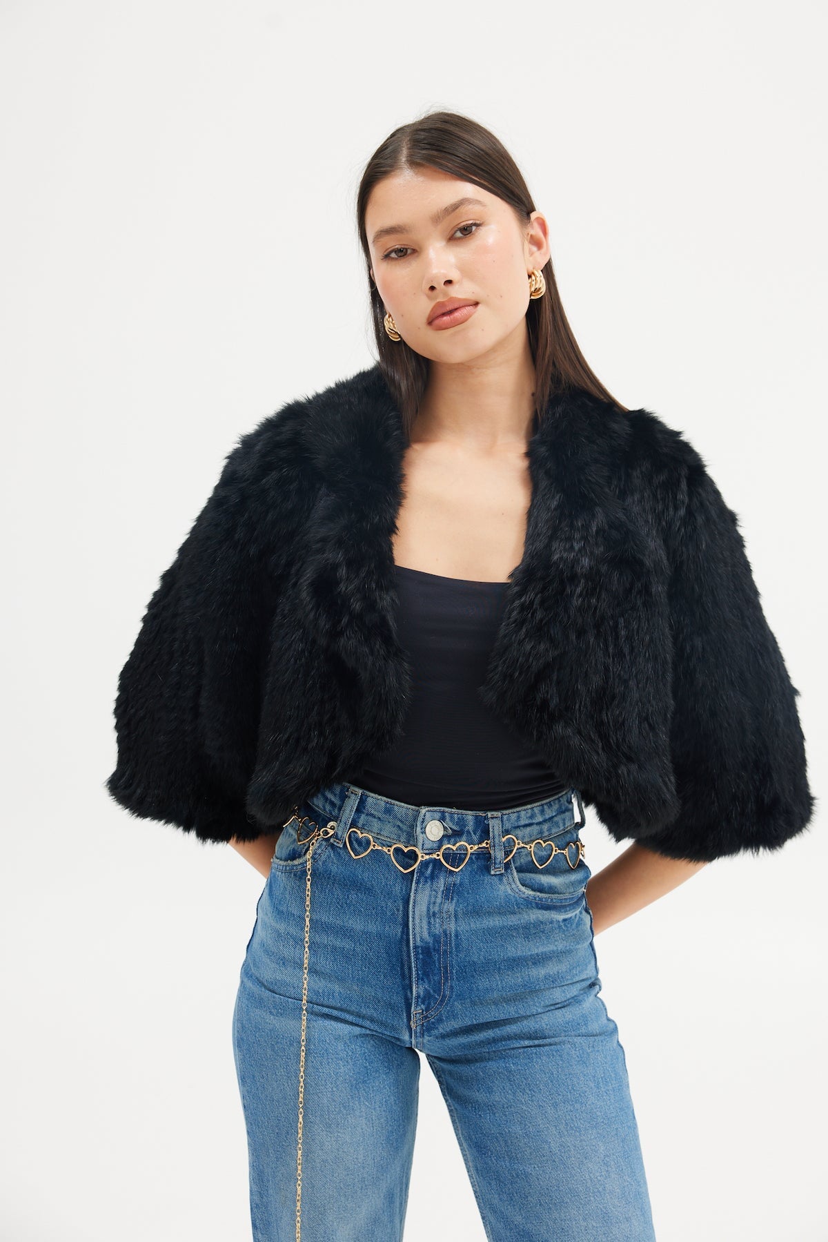 NWT Bubish Franki Bolero Faux Fur Cropped Open Front Stretch top Size L